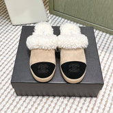 CHANEL 25S INDOOR SLIPPERS IN BEIGE AND BLACK SUEDE FUR-LINED