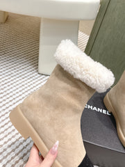 CHANEL 25S CALF-HIGH BOOTS IN BLACK AND BEIGE SUEDE LINED WITH SHEEPSKIN