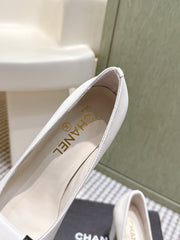 CHANEL 25S SLINGBACK SHOES 90MM IN WHITE CALFSKIN SQUARE TOE GOLD HARDWARE