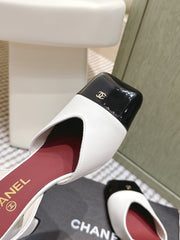 CHANEL 25S HIGH-HEELED SQUARE-TOE SLINGBACK 90MM IN WHITE AND BLACK CALFSKIN