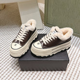 CHANEL 25S THICK-SOLE SNEAKERS 60MM IN DARK BROWN AND BEIGE CALFSKIN WITH FUR LINING