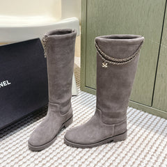 CHANEL 25S KNEE-HIGH BOOTS IN GREY SUEDE GOLD HARDWARE
