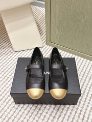 CHANEL 25S MARY JANE FLAT IN BLACK LAMBSKIN WITH YELLOW CAP TOE GOLD HARDWARE