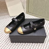 CHANEL 25S MARY JANE FLAT IN BLACK LAMBSKIN WITH YELLOW CAP TOE GOLD HARDWARE