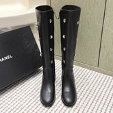 CHANEL 25S KNEE-HIGH BOOTS IN BLACK CALFSKIN WITH RHINESTONES