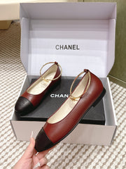 CHANEL 25S BALLERINA SHOES IN MAROON RED AND BLACK CALFSKIN GOLD HARDWARE