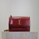 YSL 25S SUNSET MEDIUM 22 IN CRIMSON RED CROCODILE-EMBOSSED CALFSKIN GOLD HARDWRE