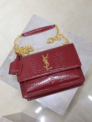 YSL 25S SUNSET MEDIUM 22 IN CRIMSON RED CROCODILE-EMBOSSED CALFSKIN GOLD HARDWARE