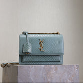 YSL 25S SUNSET MEDIUM 22 IN LIGHT BLUE CROCODILE-EMBOSSED CALFSKIN GOLD HARDWRE