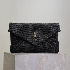 YSL 25S CASSANDRE LARGE ENVELOPE POUCH 29 IN BLACK RAFFIA GOLD HARDWRE