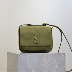 YSL 25S NIKI SATCHEL 22 IN BARLEY GREEN SUEDE GOLD HARDWARE