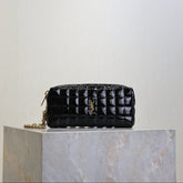 YSL 25S CASSANDRE MATELASSÉ CARRÉ POUCH ON CHAIN 18 IN BLACK SHINY CALFSKIN