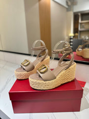 VLTN ESPADRILLE WEDGE SANDALS 25S 90 MM IN BEIGE BROWN LAMBSKIN STYLE 5