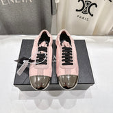 PRADA 25S COLLAPSE RE NYLON AND SUEDE SNEAKERS IN LIGHT PINK WITH METAL TOECAP
