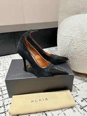 ALAIA HIGH PUMPS 10CM IN BLACK SUEDE MIX CALFSKIN