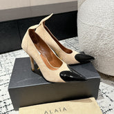 ALAIA HIGH PUMPS 10CM IN BEIGE SUEDE MIX BLACK CALFSKIN
