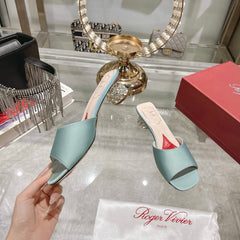 CRYSTAL HEEL MULE IN LIGHT BLUE-GREEN SILK