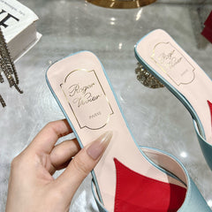 CRYSTAL HEEL MULE IN LIGHT BLUE-GREEN SILK