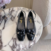 CHANEL 25S CAMELLIA SQUARE TOE FLATS IN BLACK CALFSKIN GOLD HARDWARE