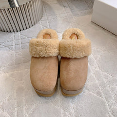 CELINE 25S DANA WEDGE MULE 70MM IN LIGHT BROWN SUEDE CALFSKIN AND SHEARLING