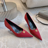 BALENCIAGA 25S POINTED-TOE HIGH HEELS 70 MM IN RED SATIN WITH GOLD HARDWARE