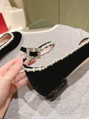 BALLERINAS MARY JANE IN BLACK SUEDE WITH PEARL TRIM