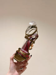 YSL 25S HIGH-HEEL SANDALS 100 MM IN MOSS GREEN SATIN WITH YSL LOGO HEEL DESIGN IN GOLD