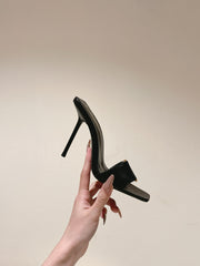 YSL 25S SQUARE-TOE HIGH-HEEL SANDALS 100 MM IN BLACK LAMBSKIN WITH GOLD HARDWARE