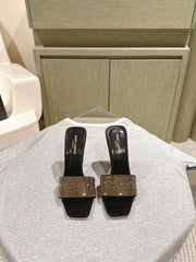 YSL 25S HEELED SANDALS 100 MM IN BLACK LAMBSKIN WITH GOLD RHINESTONE-EMBELLISHED STRAP