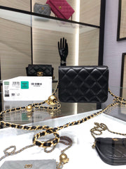 MINI FLAP BAG 12 IN BLACK QUILTED LAMBSKIN GOLD HARDWARE