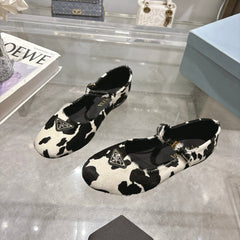 PRADA 25S MARY JANE BALLETS IN BLACK MIX CREAM WHITE HORSEHAIR FABRIC