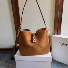 CELINE 25S SMALL CAMILLE 16 SOFT BAG 24MM IN CARAMEL BROWN SUEDE