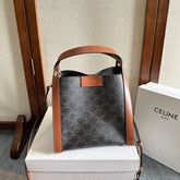 CELINE 25S CUBE BAG 18MM IN BLACK TRIOMPHE CANVAS AND DARK BORWN CALFSKIN