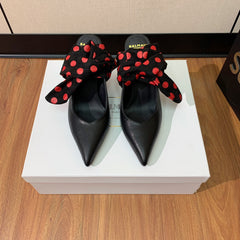 BALMAIN 25S BAKARI MULE WITH RED POLKA DOTS ON BLACK STRAP 95MM IN BLACK CALFSKIN