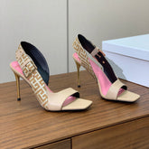 BALMAIN 25S JACQUARD KNIT SLINGBACK PUMPS 95MM IN BEIGE GRAY AND PINK CALFSKIN