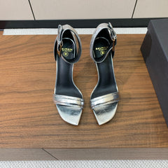 BALMAIN 25S SQUARE STRAP HIGH HEELS 100MM IN SILVER CALFSKIN