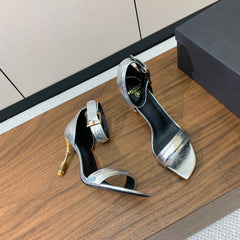 BALMAIN 25S SQUARE STRAP HIGH HEELS 100MM IN SILVER CALFSKIN