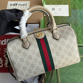 OPHIDIA SMALL TOP HANDLE BAG 26 IN BEIGE WHITE CANVAS AND OAT CALFSKIN TRIM GOLD HARDWARE