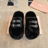 MULES IN BLACK RABBIT FUR SILVER HARDWARE