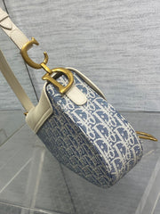 DIOR 25S SOFT SADDLE BAG 25 IN BLUE DIOR OBLIQUE CHAMBRAY AND IVORY SMOOTH CALFSKIN