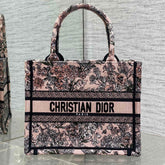 DIOR 25S LUCKY SMALL DIOR BOOK TOTE 26 IN PINK MULTICOLOR DIOR FLOWERS CALENDAR ALLOVER EMBROIDERY