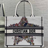 DIOR 25S LUCKY MEDIUM DIOR BOOK TOTE 36 IN WHITE MULTICOLOR DIOR STAR EMBROIDERY