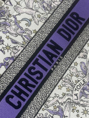 DIOR 25S LUCKY MEDIUM BOOK TOTE 36 IN WHITE AND PURPLE DIOR NIGHT OF DREAMS EMBROIDERY