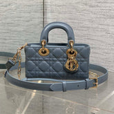 DIOR 25S SMALL LADY D‑JOY BAG 19 IN STEEL BLUE GRAY CANNAGE CALFSKIN GOLD HARDWARE