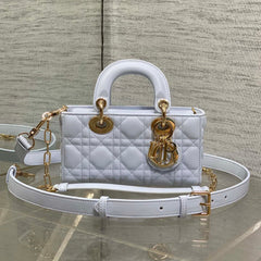 DIOR 25S SMALL LADY D‑JOY BAG 19 IN LIGHT BLUE CANNAGE CALFSKIN GOLD HARDWARE