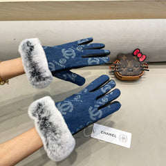 GLOVES IN NAVY BLUE DENIM AND BLACK CALFSKIN 463798