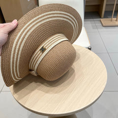 WIDE BRIM HAT MODEL 650409 IN BROWN WITH CREAM STRIPES WOVEN STRAW