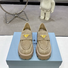 PRADA 25S THICK-SOLE LOAFERS 60 MM IN BEIGE SUEDE WITH GOLD HARDWARE