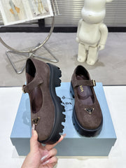 PRADA 25S PLATFORM MARY JANE SHOES IN DARK BROWN SUEDE STYLE 3