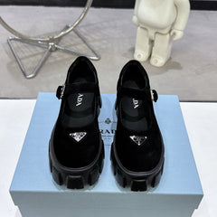 PRADA 25S PLATFORM MARY JANE SHOES IN BLACK SUEDE